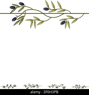 Olive branch design with green leaves and dark fruit decorating a horizontal line, providing an elegant and natural graphic element for separating con Stock Vector