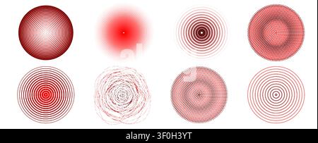 Red concentric circles with ripple effect and radial waves, abstract vector signal icons isolated on white background. Dynamic circular pattern of target, radar, sound, earthquake or vibrant energy Stock Vector