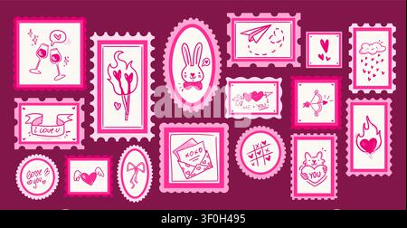 Cute Valentine postage stamp collection with love symbols. Doodle vector illustration of romantic letter icons with winged heart, burning matches, bow with arrow, vintage postal elements Stock Vector