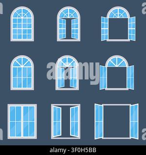 Set of Arched Windows Closed and Open Flat Icons on Dark Background Vector Illustration Stock Vector