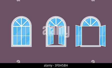 Set of Three Arched Windows Closed and Open Flat Icons on Purple Background Vector Illustration Stock Vector