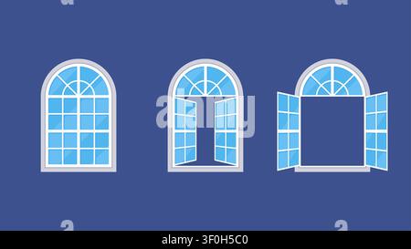 Set of Three Arched Windows Closed and Open Flat Icons on Blue Background Vector Illustration Stock Vector