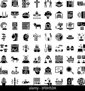Glyph icons providing a visual representation of diverse themes including business. Health. Food. City life. Animals. Transportation. Finance. And web Stock Vector