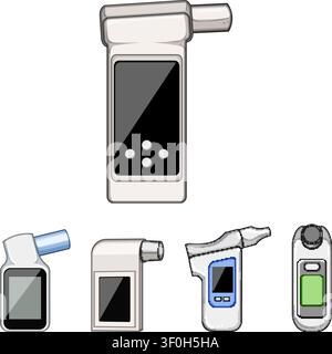 Collection of portable spirometer devices and icons depicting lung function testing, respiratory health monitoring and diagnostic tools for personal a Stock Vector