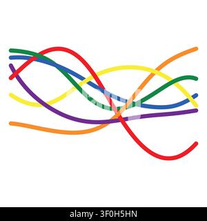 Intertwined rainbow waveform lines forming abstract braided signal frequency network Stock Vector