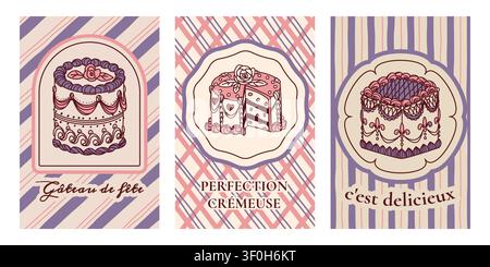 Vintage bakery labels with coquette cakes, retro badges and vintage striped backgrounds for cafe menu, patisserie branding. Sweet pastry banners, shop poster designs with cute cream desserts Stock Vector