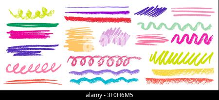 Hand drawn crayon lines, pencil doodles, colorful highlights, strikethrough with playful strokes, realistic vector texture on white background. Emphasis underline marks, color chalk waves and zigzag Stock Vector