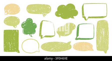 Hand drawn speech bubbles with pastel crayon textures, green chalk doodle frames. Vector comic dialogue box with brush strokes, text clouds or message icons, pencil chat designs in playful 3d style Stock Vector