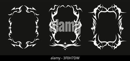 Tribal Y2K tattoo, gothic frames with abstract flame ornaments, sharp pattern, white vector set isolated on black background. Neo tribal rectangular, oval border designs with spiky, horn elements Stock Vector