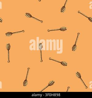 pattern Line art drawing depicting a classic wooden honey dipper stick, showcasing a traditional kitchen utensil for serving natural liquid sweeteners Stock Vector