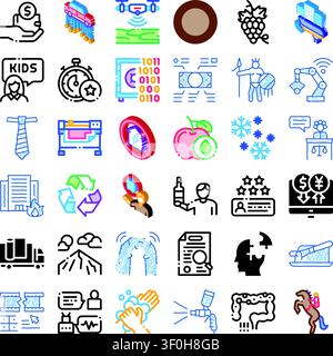 Diverse collection of line and isometric icons presenting modern themes including finance, education, technology, health, law, nature, industry, commu Stock Vector