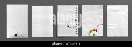 Realistic white paper sheets with folded texture, crumpled effect, grunge coffee stains and grid pattern, 3d vector illustration on transparent background. Notebook page mockup for posters, flyers Stock Vector