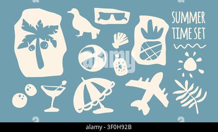 Boho summer travel icons isolated on blue background. Vector set of abstract tropical beach symbols, palm tree, cocktail, plane, seagull, sun and fruit silhouettes, retro organic vacation pattern Stock Vector