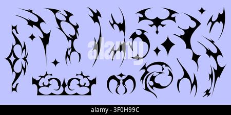 Tribal Y2K tattoo, gothic frame icons with abstract flame ornaments, sharp pattern, black vector set isolated on background. Neo tribal border designs with spiky, horn elements Stock Vector