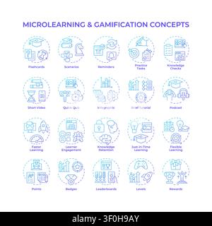 Microlearning and gamification blue gradient concept icons Stock Vector