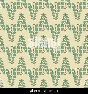 Vector fern leaves abstract seamless pattern. Hand drawn botanical foliage with frond and natural greenery in zig zag style. Decorative design for wallpaper or textile. Woodland herbarium background. Stock Vector