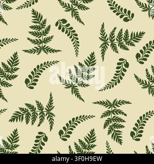 Vector fern leaves seamless pattern. Hand drawn botanical foliage with forest frond and natural greenery in flat style. Decorative design for wallpaper or textile. Woodland herbarium background. Stock Vector