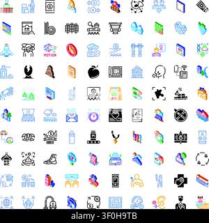 Diverse isometric icon set depicting industry, medical, tech, transport, environment and lifestyle elements for web and app interfaces, ui design, bus Stock Vector