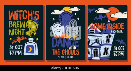 Haunted house and witch brew night hand drawn vector party invitation Stock Vector