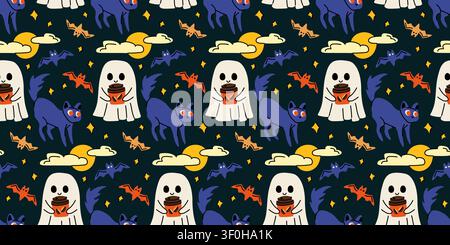 Cute ghost with coffee and spooky cats Halloween seamless pattern vector Stock Vector