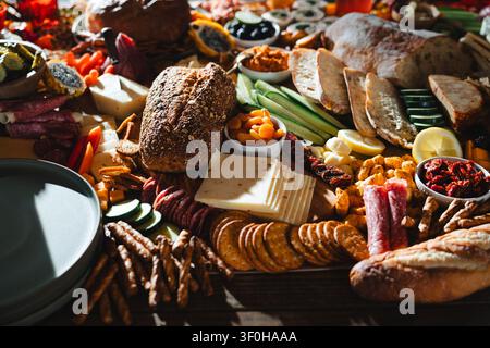 Gourmet abundant charcuterie board with assorted breads and appetizers Stock Photo