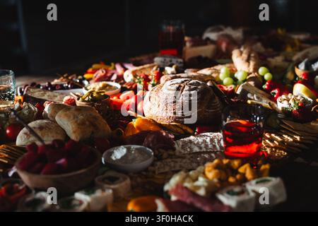 Large charcuterie board spread with artisan bread and appetizers Stock Photo