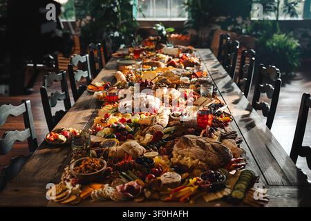 Abundant gourmet grazing table feast on long wooden table Stock Photo