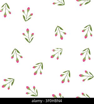 pattern stylized plant showing three flower buds with vibrant pink petals emerging from green sepals, connected by thin stems and flanked by two broad Stock Vector