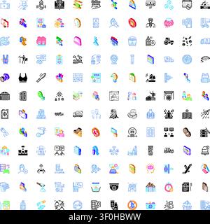Large isometric icon set displaying diverse conceptsbusiness, finance, health, education, travel, tech, communication, ecology and everyday services f Stock Vector