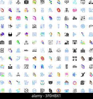 Large isometric icon set displaying diverse conceptsbusiness, finance, health, education, travel, tech, communication, ecology and everyday services f Stock Vector