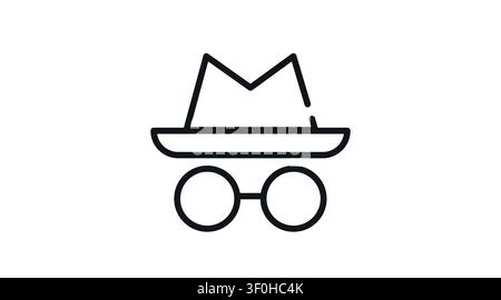 Minimalist incognito vector icon: private browsing spy hat and glasses symbol, black line art illustration for web privacy and cyber security UI UX. Stock Vector
