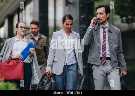 Business professionals walking together outside office building in city during commute Stock Photo