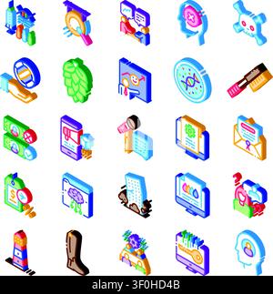 Colored isometric icons demonstrating a broad range of abstract concepts, including science, business, health, and technology, forming a comprehensive Stock Vector