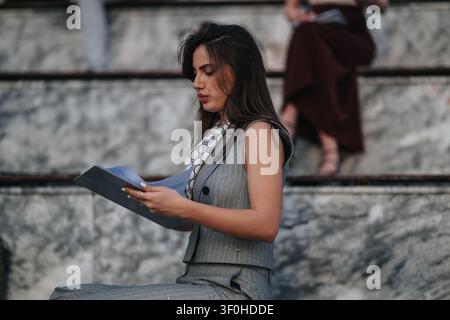 Young businesswoman in grey suit reading documents while seated on marble steps outdoors Stock Photo
