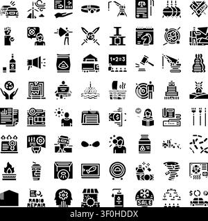 Collection of modern minimalist glyph icons representing various concepts across business, economy, logistics, environmental protection, public servic Stock Vector