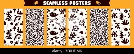 Collection of organic coral seamless black and white posters. Abstract repeated vertical compositions. Stock Vector