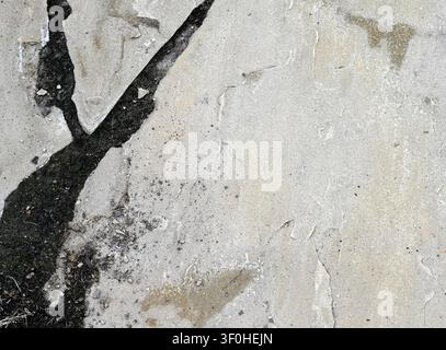Horizontal close up of a weathered flat light gray slate stone surface with porous rough uneven texture, surface cracks, black dirt Stock Photo