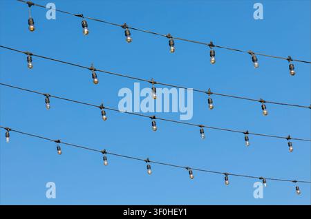 Kathmandu, Nepal - February 3rd 2025 -Background wallpaper of LED Lights on a diagnol against a blue skt Stock Photo