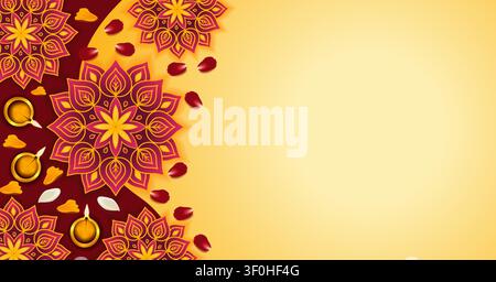 Festive Diwali horizontal banner with colorful rangoli, glowing diyas and flower petals on a traditional Indian festival background with copy space. Stock Vector