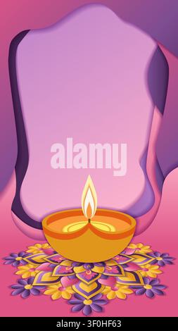 Festive Diwali vertical banner with a glowing diya, colorful rangoli and a modern paper cut background with large copy space. Stock Vector