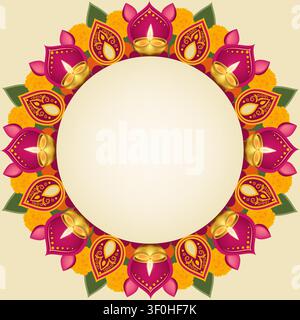 Festive Diwali square banner with a yellow floral rangoli, marigold flowers, and glowing diya lamps surrounding an empty center with copy space. Stock Vector