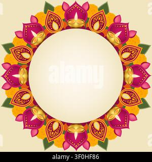 Festive Diwali square banner with a yellow floral rangoli, marigold flowers, and glowing diya lamps surrounding an empty center with copy space. Stock Vector