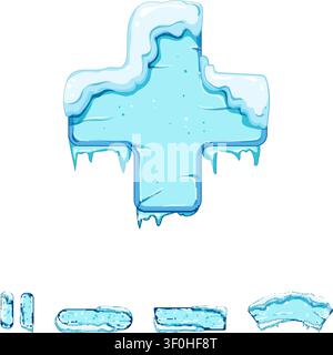 Frozen ui element set with icy plus and minus buttons, glossy blue snow and icicle icons for winter themed games, apps, menus, and interface design as Stock Vector