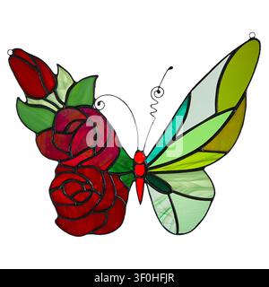 Stained glass butterfly suncatcher featuring red roses on one wing and green patterns on the other. Handmade artwork isolated on white background. Stock Photo