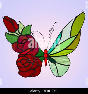 Stained glass butterfly suncatcher with red roses on one wing and green patterns. Handmade artwork placed on a light violet gradient background. Stock Photo
