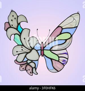 Stained glass butterfly suncatcher with white lily flowers on one wing and colorful patterns. Handmade artwork on light violet gradient background. Stock Photo