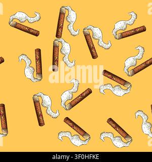 pattern Burning cigar with a prominent smoke plume curling upwards, captured in a hand drawn doodle style, representing relaxation, luxury, and vintag Stock Vector