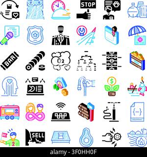 Collection of doodle style icons depicting various professions, services, business concepts, and daily life objects, illustrating diverse industries a Stock Vector