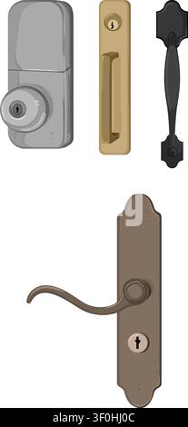 Various door hardware elements appear on a white background, including different styles of handles, deadbolts, and keyholes, representing home protect Stock Vector
