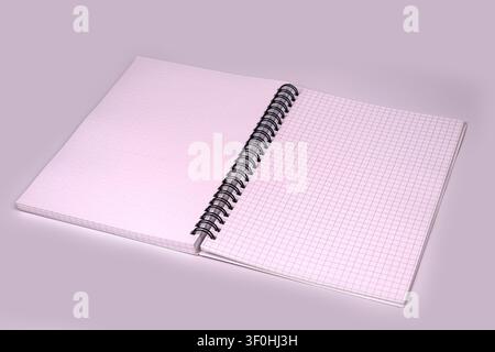 Professional spiral notebook with grid pages, centered composition, black binding, soft lighting, light gray backdrop, clean edges, smooth paper textu Stock Photo